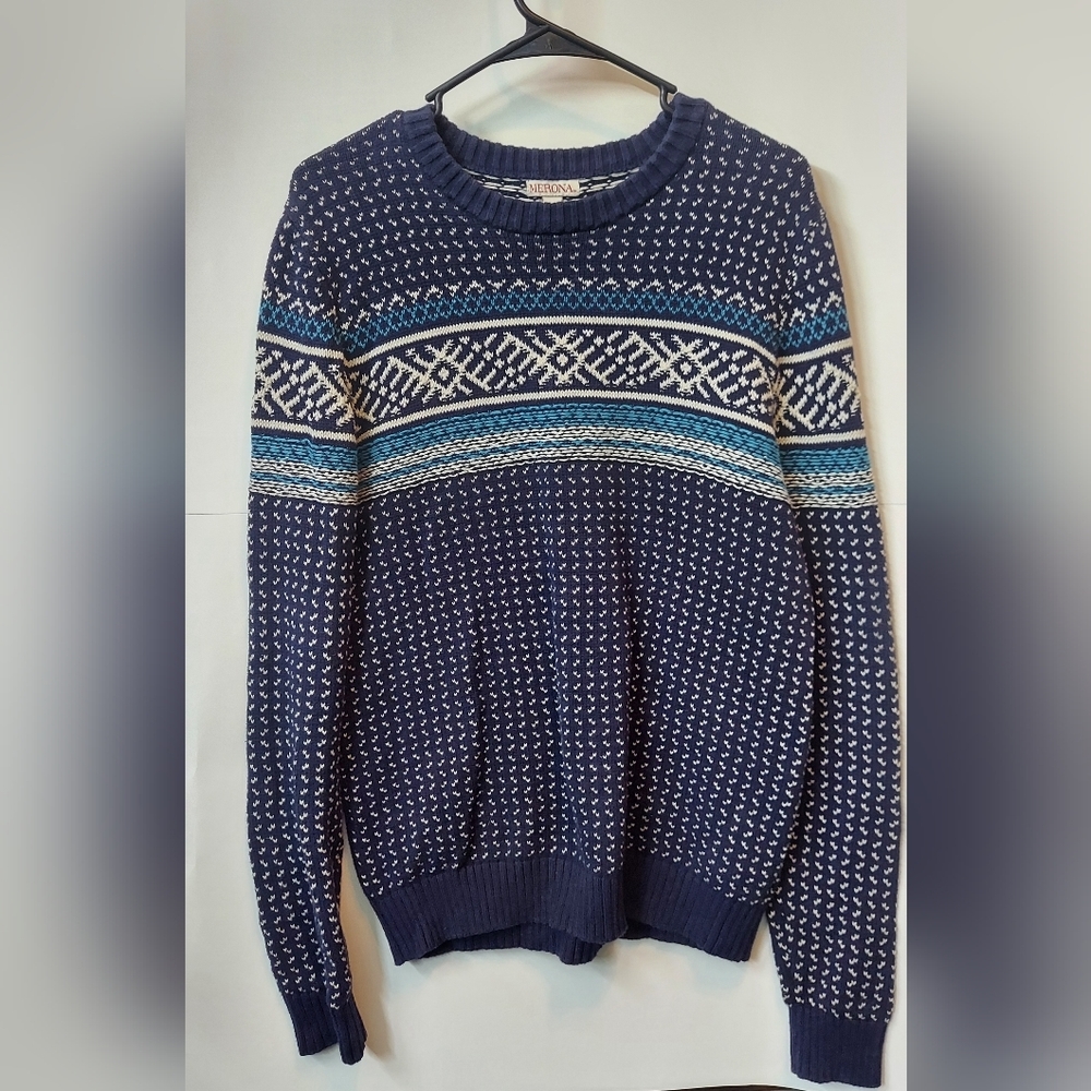 Merona Women's Knit Blue Hearts Fair Isle Pull-over Sweater Medium